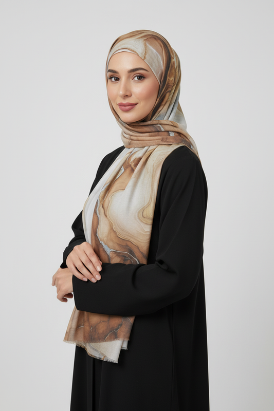 Woman wearing a patterned hijab and black outfit 