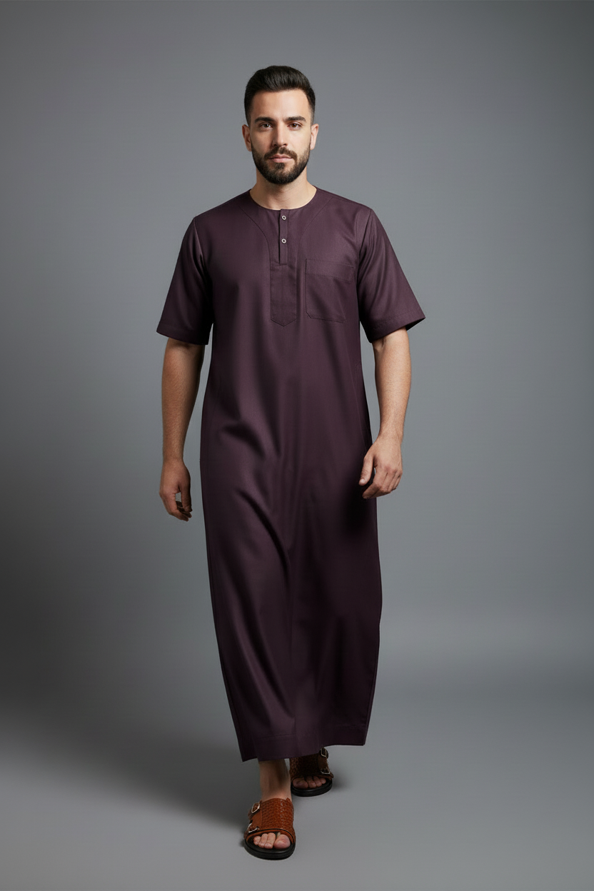 Short Sleeve Cotton Thobe in Maroon