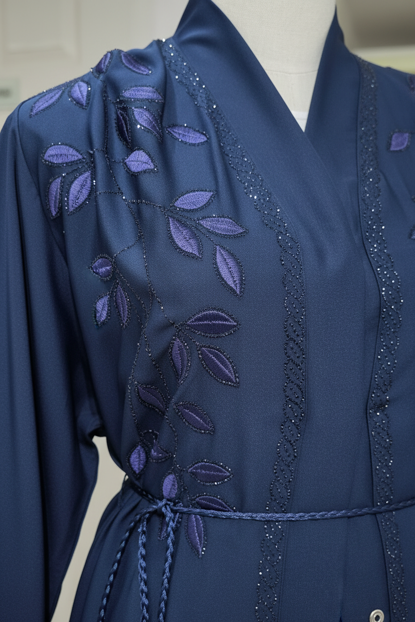 Close-up of hand-embroidered leaf motifs and crystal accents on The Eden Abaya