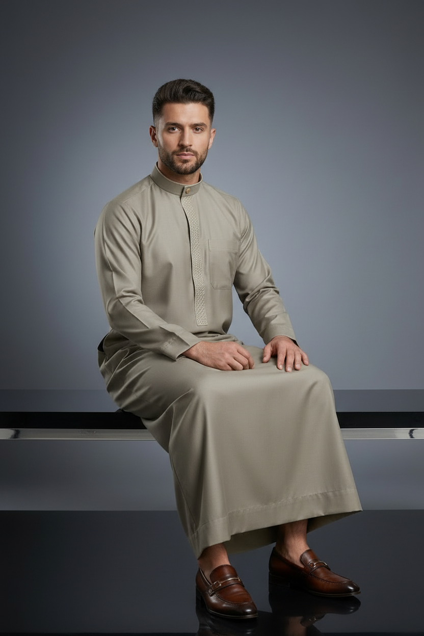 The Noble Thobe in Sage — seated