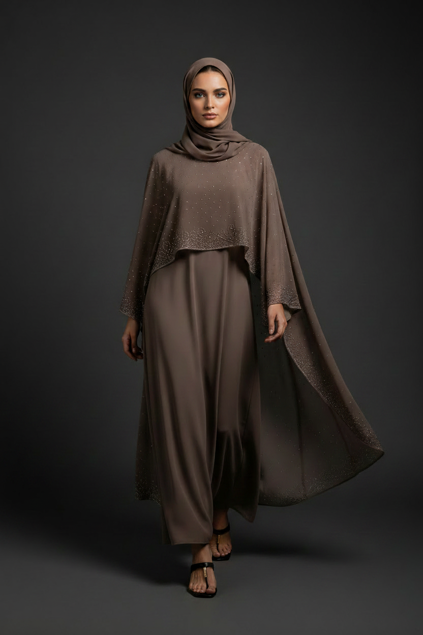 The Mocha Signature Cape Abaya - front walking