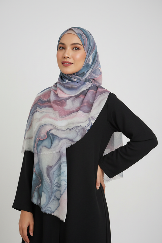 Woman wearing a patterned hijab and black outfit 