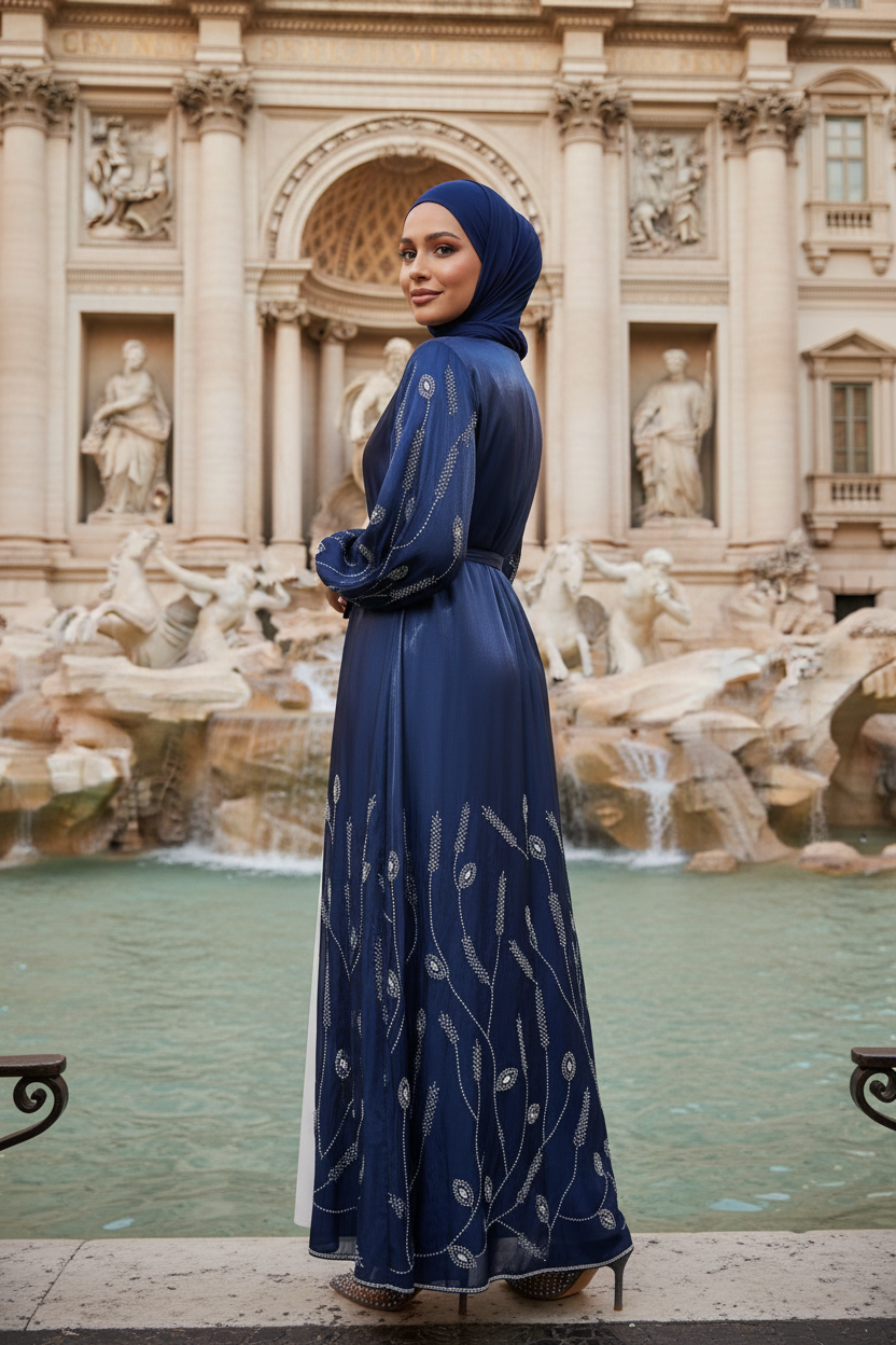 Navy Crystal Abaya Rome - Trevi Fountain
