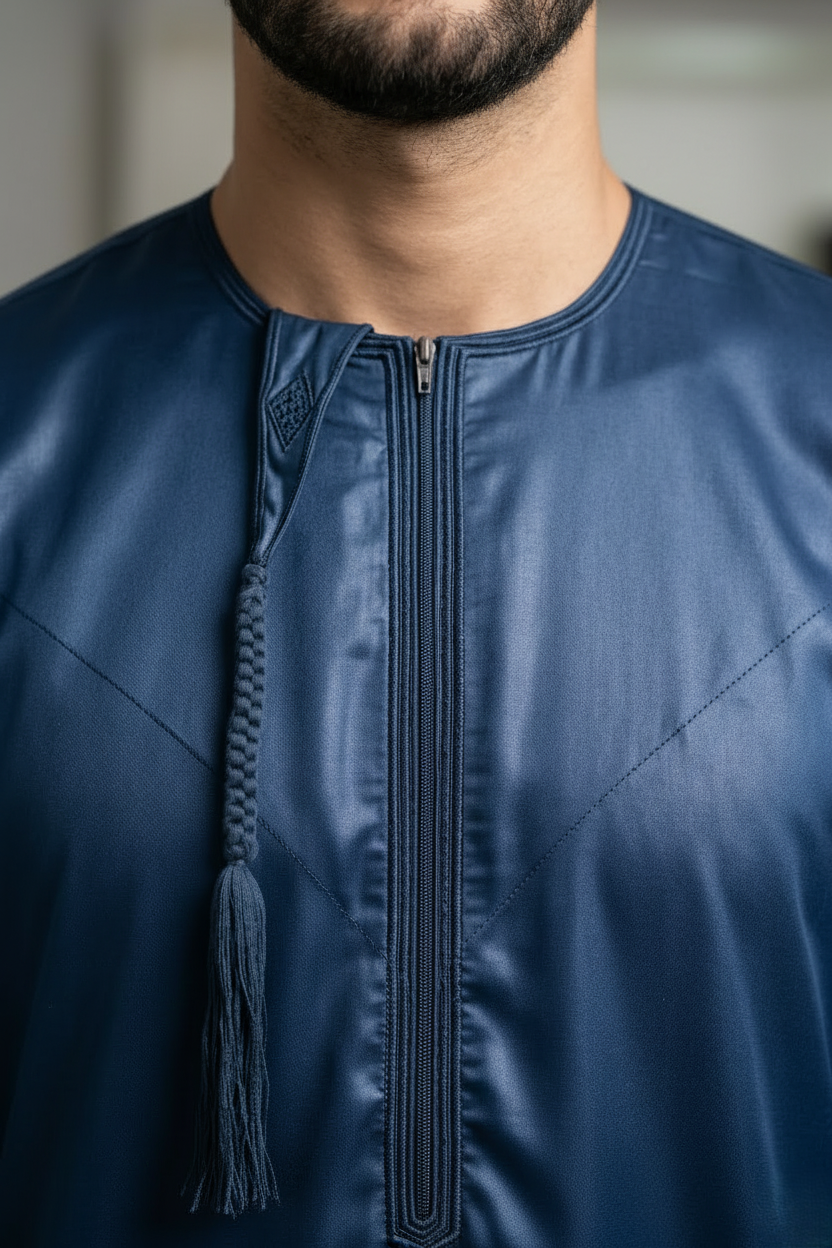 Close-up of a blue jubba with a zipper and tassel detail.