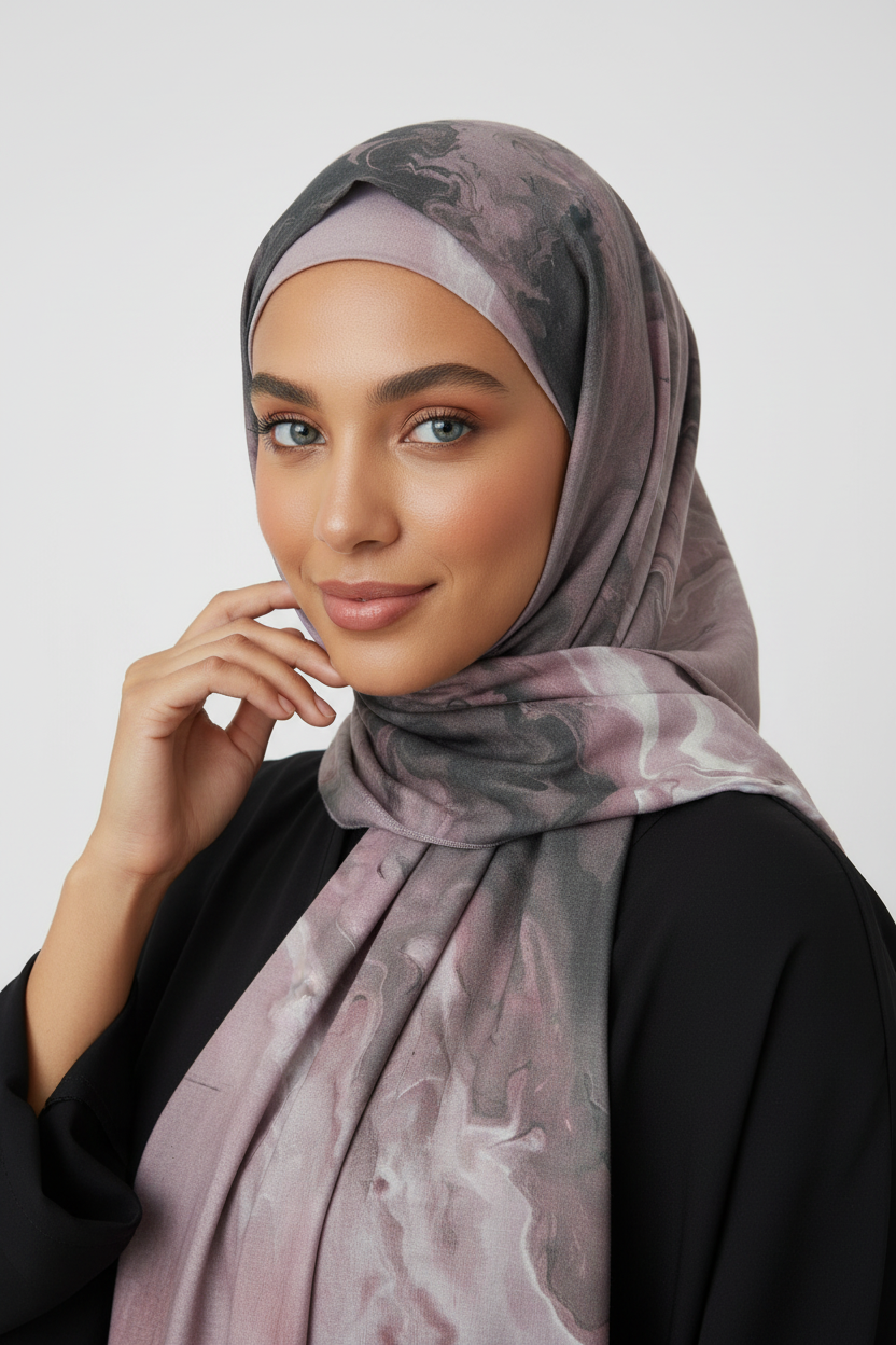 Woman wearing a patterned hijab a