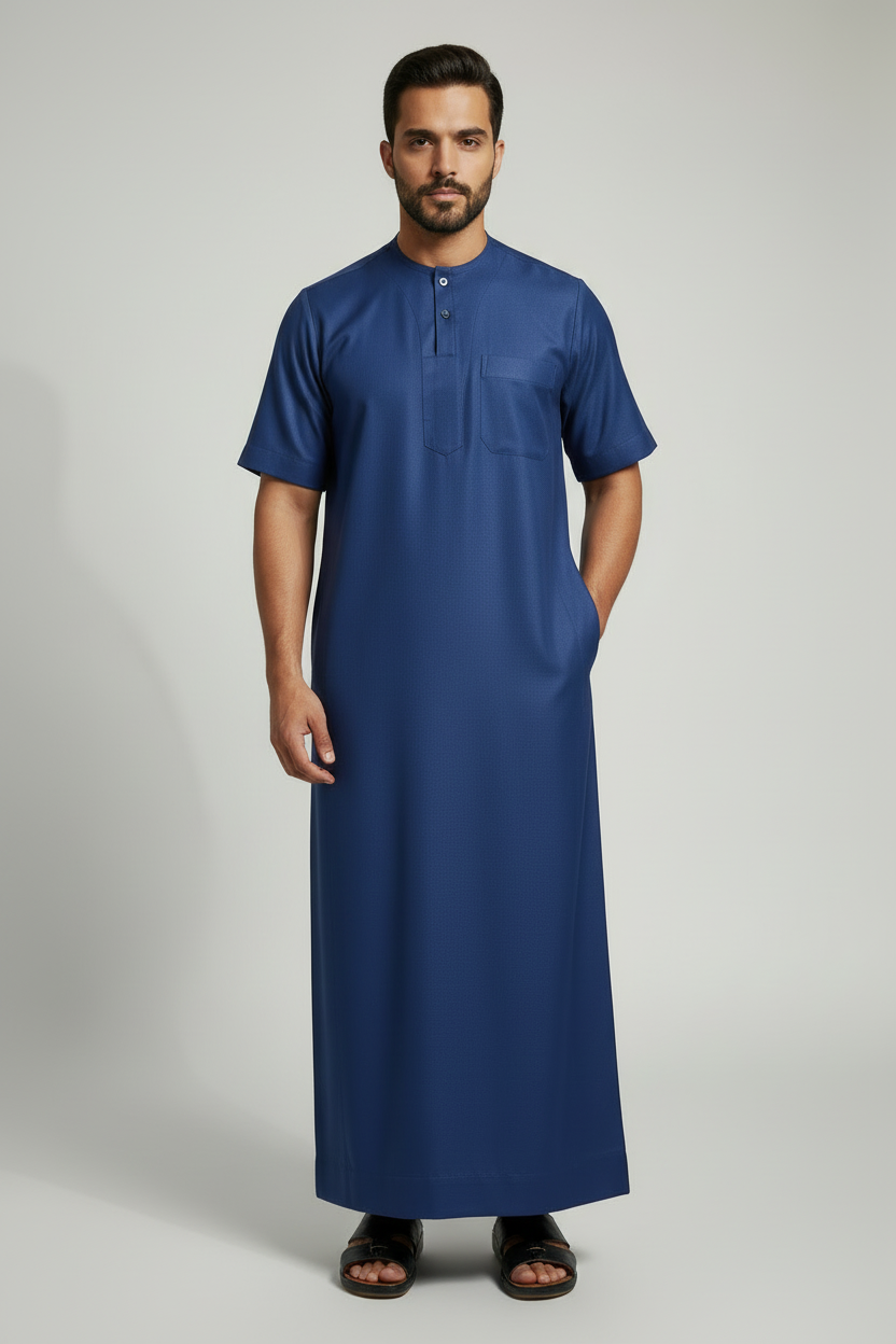 Short Sleeve Cotton Thobe in Navy