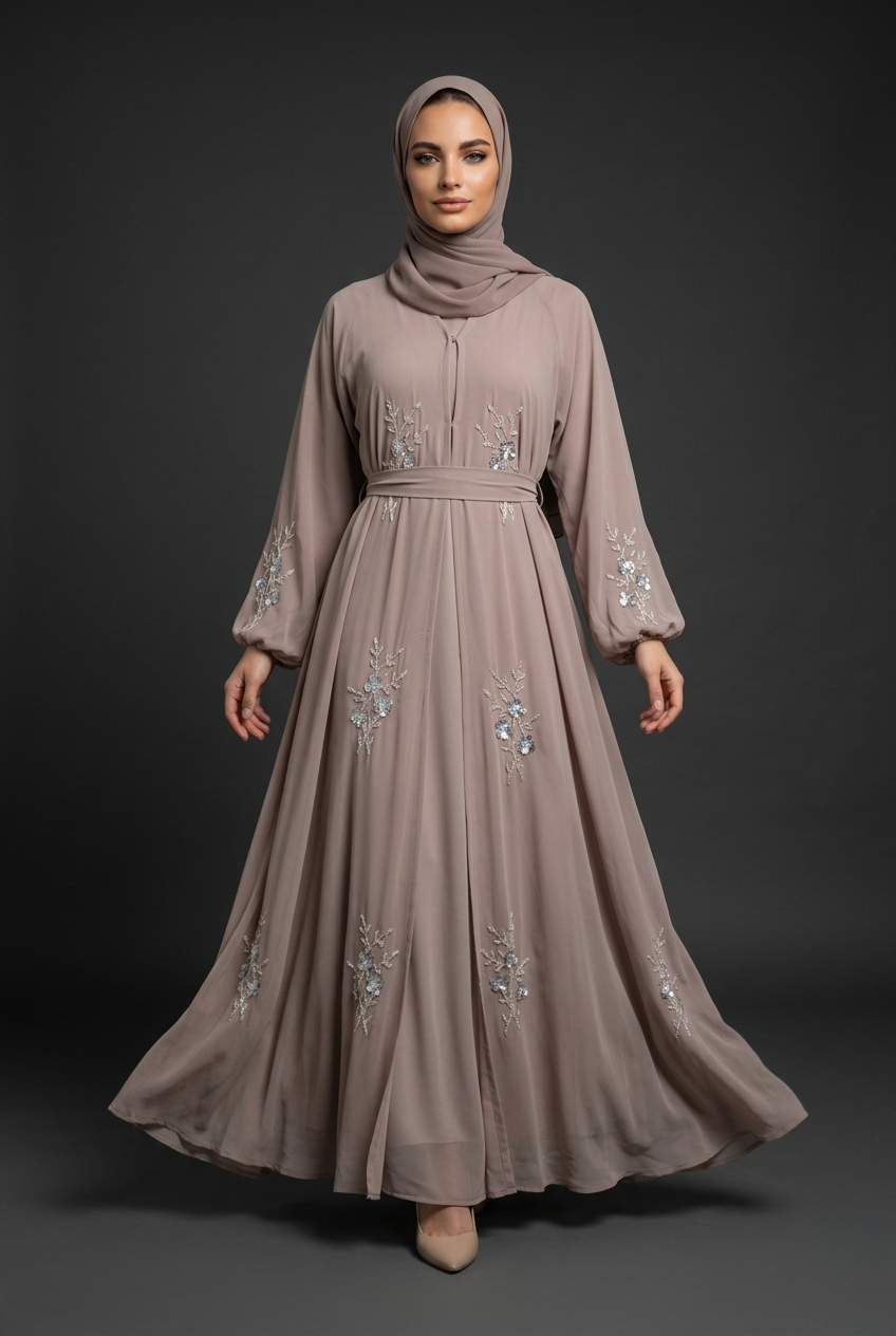Model wearing the embroidered taupe abaya with a matching solid-colour hijab, 