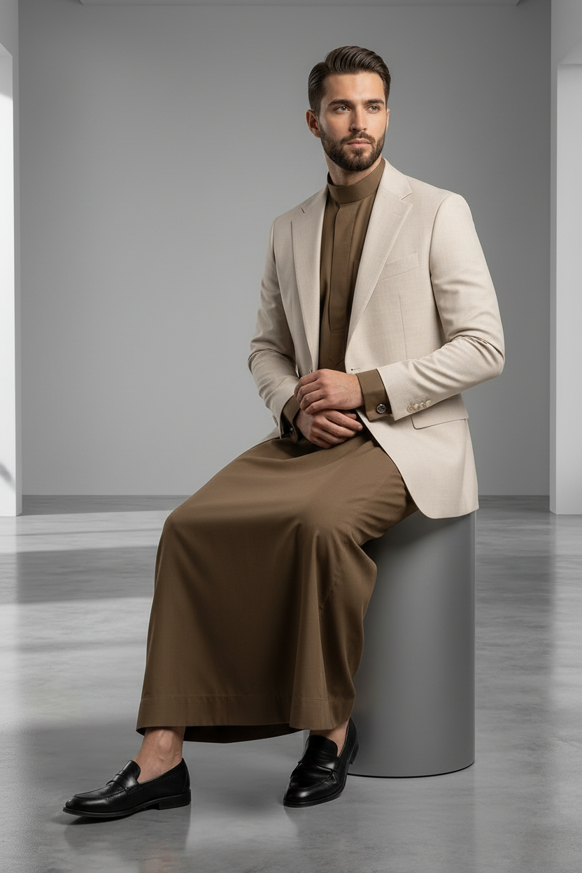 Thobe with Cream Blazer - Seated Showing Cufflinks