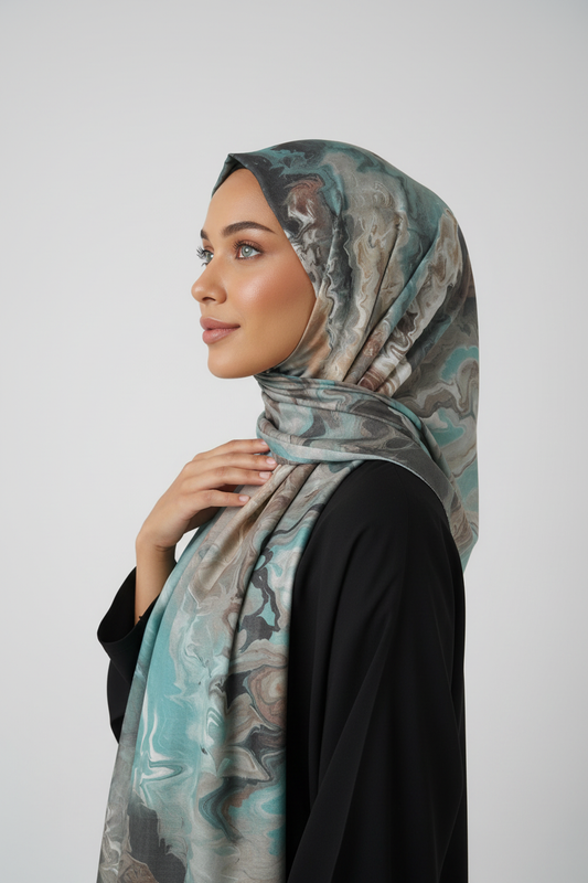Woman wearing a patterned hijab 