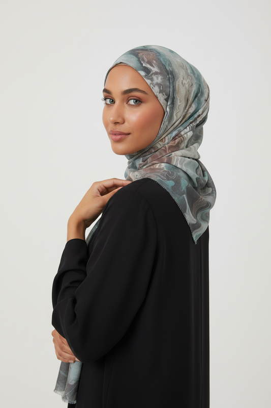 Woman wearing a patterned hijab and black outfit