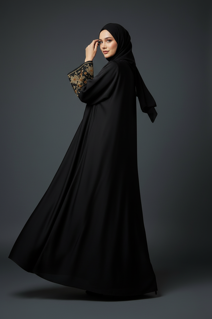Black Embellished Abaya - Over Shoulder Back