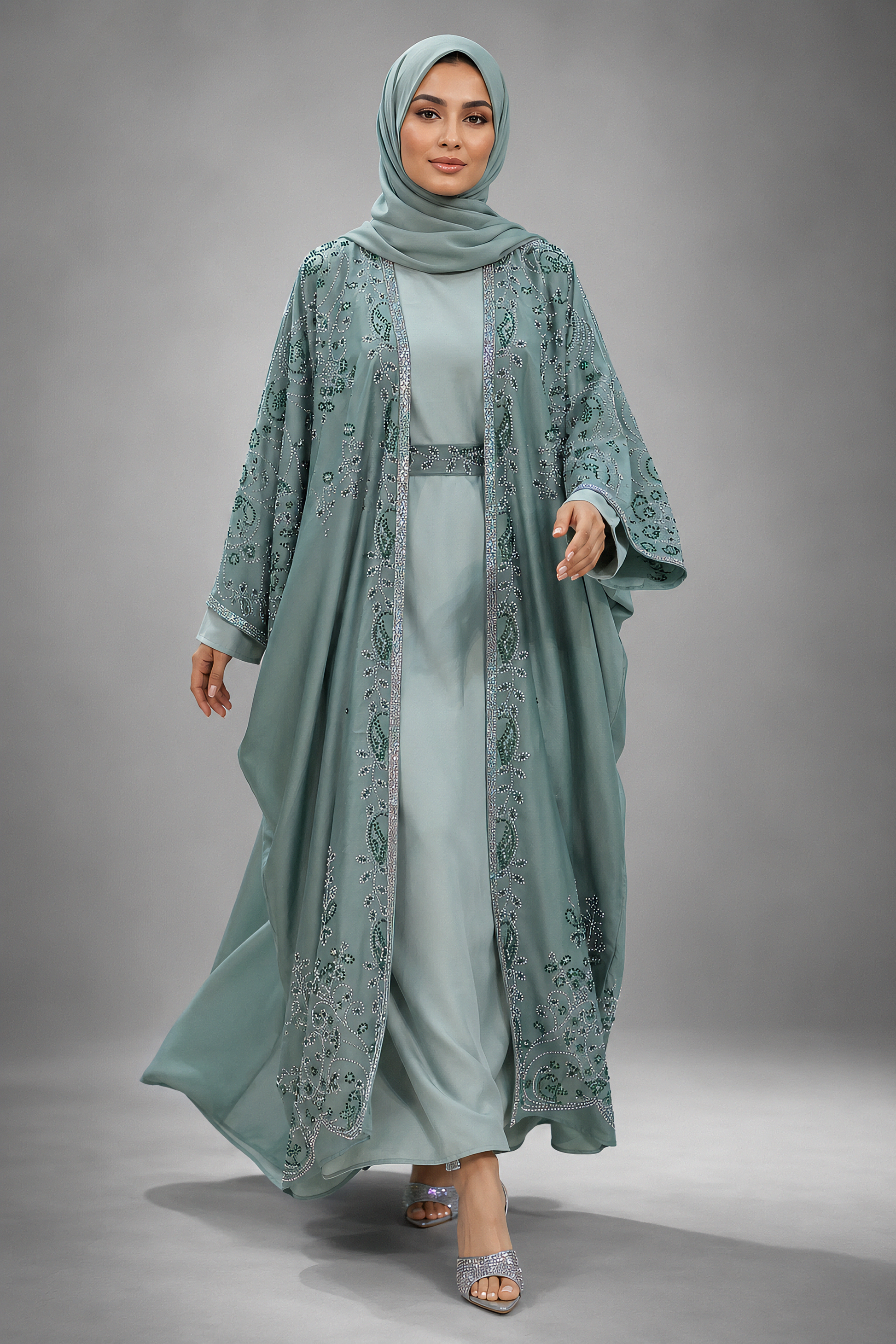 A woman modeling a modest outfit consisting of a sage green abaya dress with a matching belt and a long open-front kaftan overlay decorated with intricate paisley embroidery, paired with a matching sage green hijab, against a neutral gray studio background.