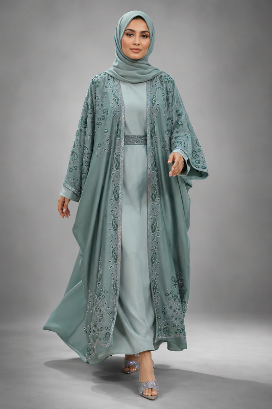 A woman modeling a modest outfit consisting of a sage green abaya dress with a matching belt and a long open-front kaftan overlay decorated with intricate paisley embroidery, paired with a matching sage green hijab, against a neutral gray studio background.